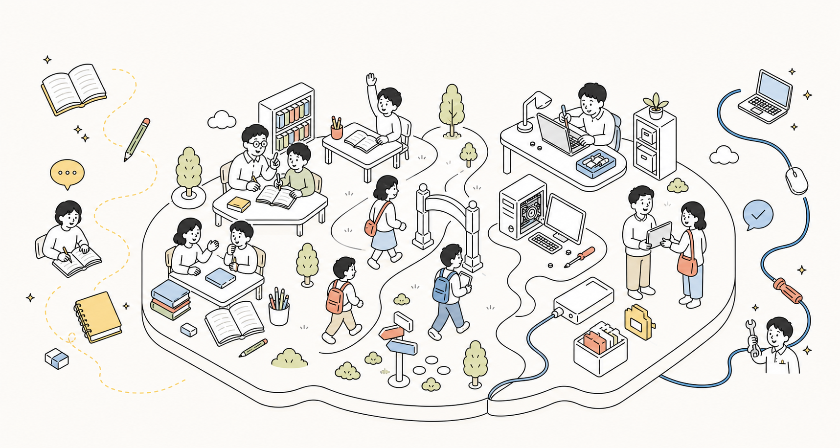学びとITの相談が同じ入口につながる KAWABIT のブランドイラスト